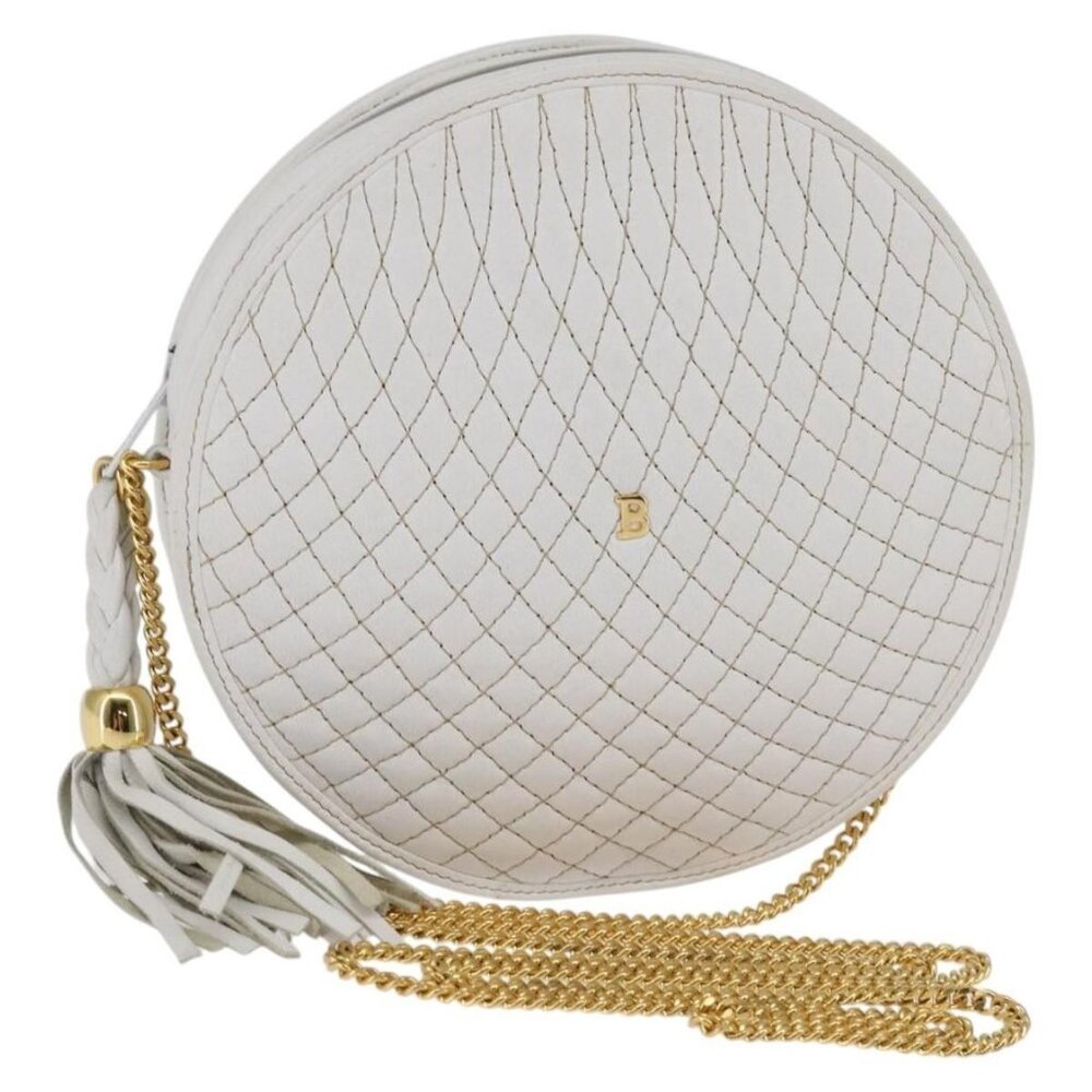 Authentic BALLY Chain Shoulder Bag Leather White Gold